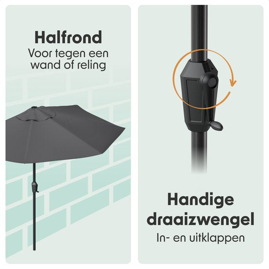 LifeGoods Parasol de balcon - Jardin - 270x135 cm - Parasol semi-circulaire - Imperméable - UPF50+ - Gris foncé