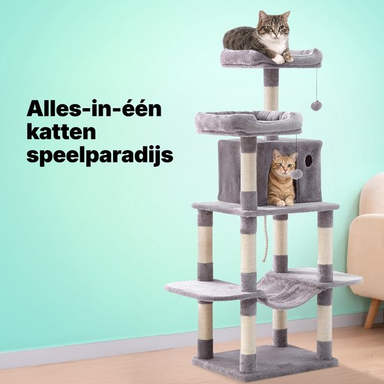 Jake et Jacky : Arbre à chat - Arbre à chat - Meuble à griffer - Arbre à chat - Arbres à chat - Maison pour chat - Gris clair - 147 cm de haut