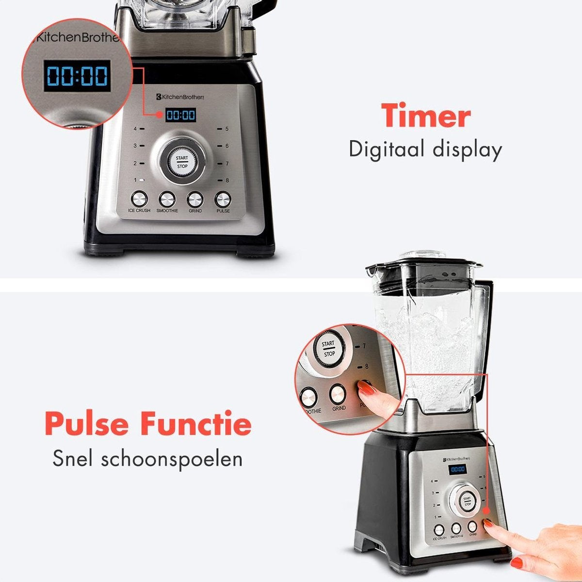 Blender - KitchenBrothers - Mixeur - 2000W - 2L - Machine à smoothie- 8 niveaux/4 vitesses - Acier inoxydable