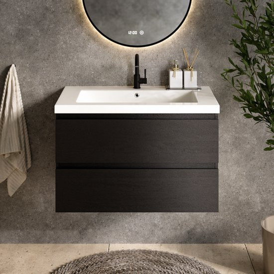 Meuble de salle de bains Mirlux en chêne noir 80 cm - Lavabo blanc - Ensemble de meubles de salle de bains - Meuble-lavabo en chêne noir