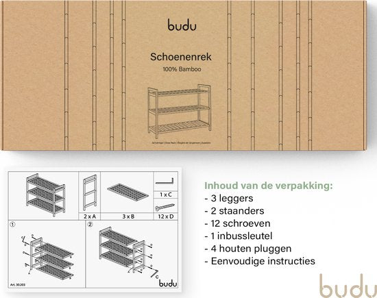 Budu Rangement pour chaussures (3 niveaux) - Rangement pour chaussures en bambou - Rangement pour chaussures en bois - Rangement pour chaussures