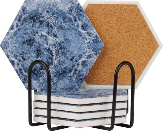 Castagnola Sous-verres en céramique avec support - Sous-verres pour verres - Sous-verres design - Sous-verres - Sous-verres à boire - Céramique - Liège - Lot de 6 - Bleu