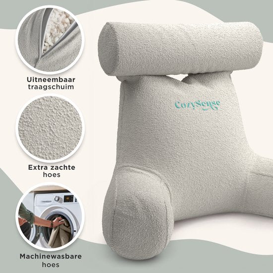 CozySense® Coussin de lecture pour le lit - Coussin de siège ergonomique - Coussin pour livres - Grand coussin de relaxation - Rembourrage réglable - Housse amovible - CertiPUR® - Beige