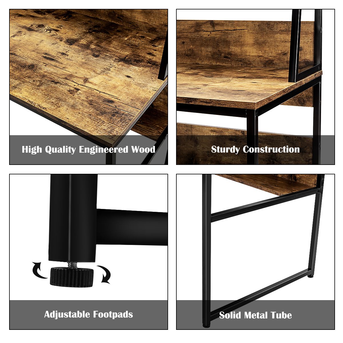 Coast Desk with Shelf - 120x57x140 cm - Coffee - Table d'ordinateur en bois et métal avec bibliothèque ouverte et repose-pieds réglables