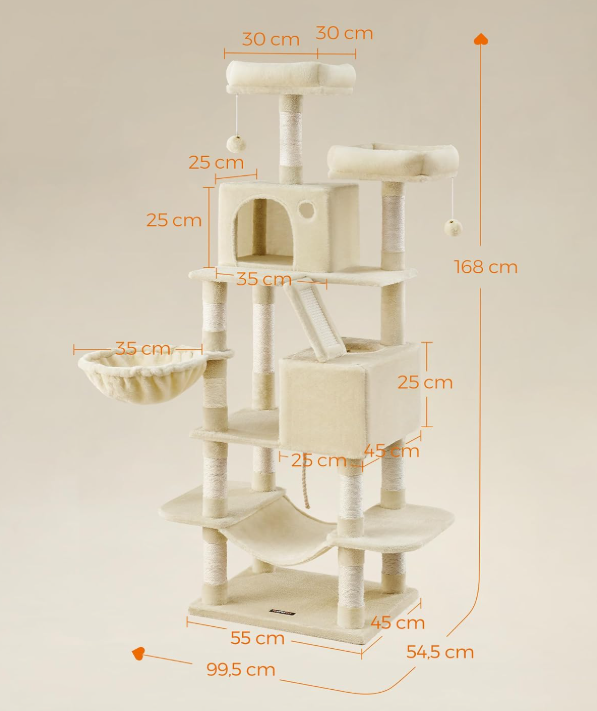 JoyFurnos Arbre à chat XXL 168 cm - Arbre à chat avec 13 poteaux à griffer, 2 niches, un hamac et un panier - Beige