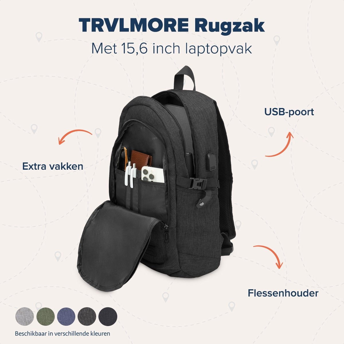 TRVLMORE Sac à dos - 25L - 15.6 inch - Sac à dos pour ordinateur portable - Sac d'école - Unisex - Splashproof Anthracite
