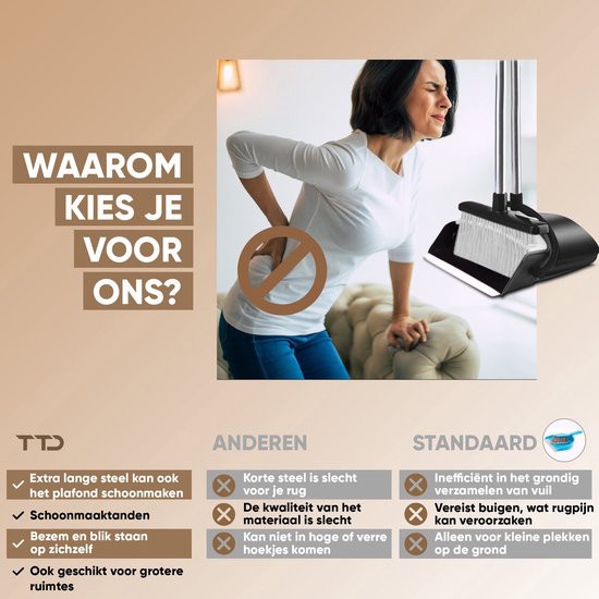 TTD® Pelle et brosse avec long manche XXL - réglable 54-263 cm - Balai - manche de balai - gris et noir - Pelle et brosse - Pelle pour l'intérieur et l'extérieur - Dents de nettoyage intégrées