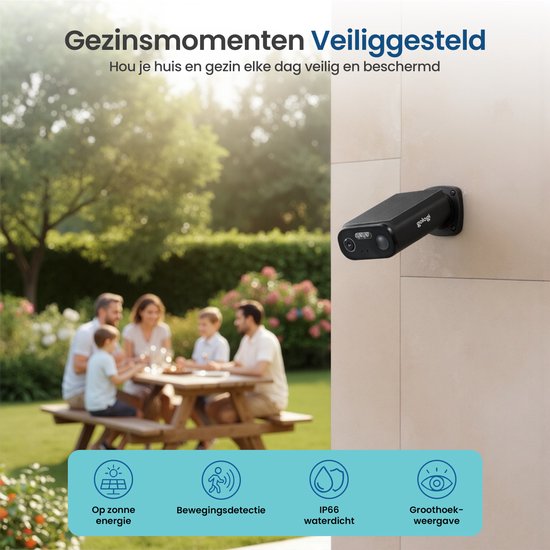 Caméra de sécurité d'extérieur Gologi Solar Premium - 10 400 mAh - 2,5K - Vision nocturne - Détection de mouvement - Caméra de surveillance - Panneau solaire - Sans fil - USB-C - Wi-Fi et application - Noir