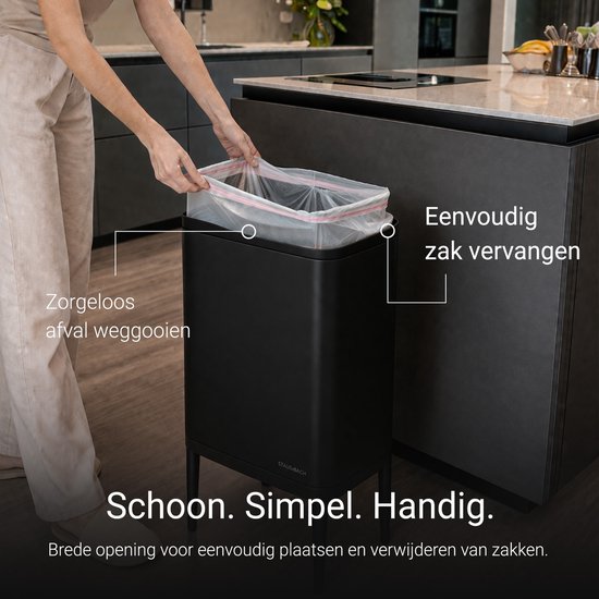 Poubelle avec compartiment de 60 litres - Avec anneaux de tri sélectif 2x 30 litres - Acier inoxydable - Noir - 42x33x76 cm - STAUS&BACH Nuvio