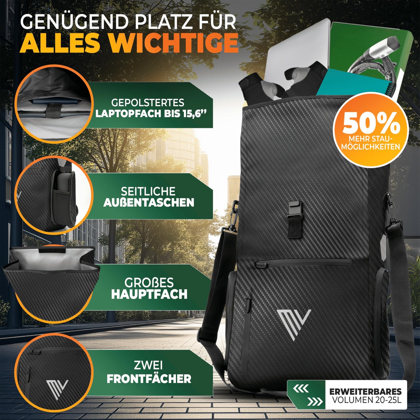 MIVELO EVO 25L – Sac de vélo 3 en 1 pour porte-bagages – sac à dos et sac à bandoulière – 100 % imperméable – Noir carbone