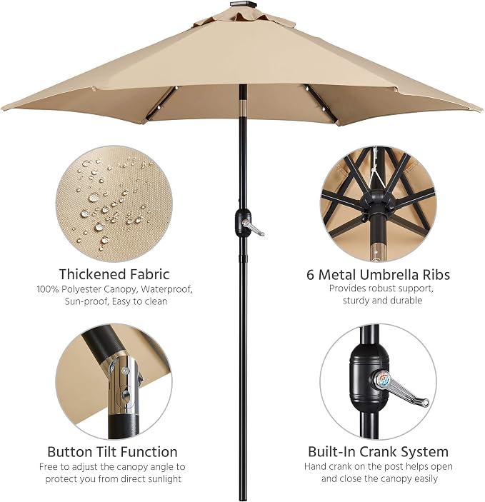 Parasol solaire Yaheetech Ø 230 cm avec pied remplissable - Beige - Parasol de jardin avec 18 LED, guirlande lumineuse et fonction d'inclinaison