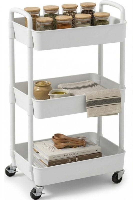 Posity Chariot de cuisine sur roulettes - Chariot de service / Chariot de stockage / Rayonnage de cuisine / Chariot de cuisine - Mobile et fixe - 3 étages - Plastique - Blanc