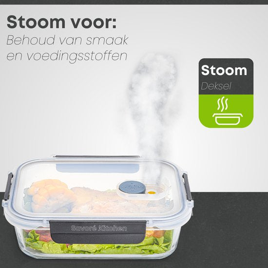 Savoré Kitchen Preserving Trays Set - with Steam Lid - Meal Prep Trays - Freezer Trays Glass - Airtight - 5 Pieces - 1040 ML