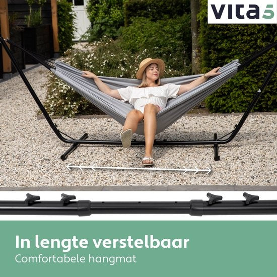 Vita5 Hamac avec support - 2 personnes - longueur réglable - sac de transport inclus - poids 205 kg - gris