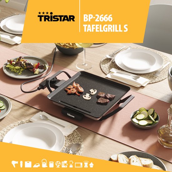 Plaque de cuisson Tristar - BP-2666 - Gourmet, plaque de grill S 28 x 28 cm - 2 personnes - 800 W - Thermostat réglable - Adaptée au camping
