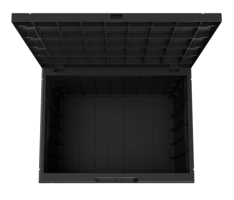 LifeGoods Boîte de rangement XXS 118L - Boîte de rangement pour coussins de jardin - imperméable - résistant aux intempéries - aspect bois - avec support de serrure - gris