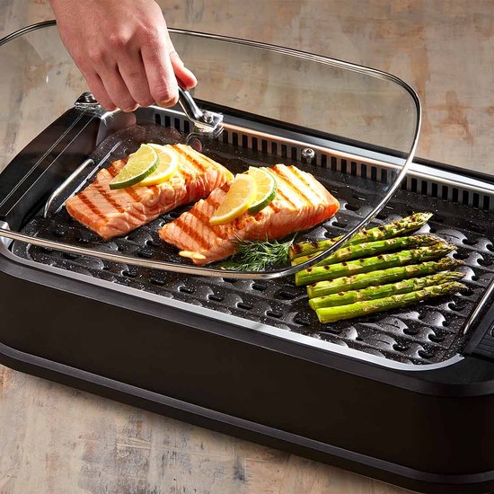 PowerXL Smokeless Grill - Gril électrique - plaisir de griller sans fumée et sans odeur - avec plaque de gril et fonction arôme - revêtement antiadhésif - avec couvercle en verre thermo - gril d'intérieur - 1500 watts - Édition de vente par correspondance