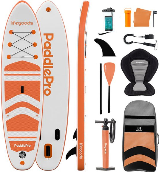 LifeGoods PaddlePro SUP Board - avec siège - Planche à pagaie gonflable - Ensemble complet - Max. 135KG - 320x81cm - Blanc/Orange