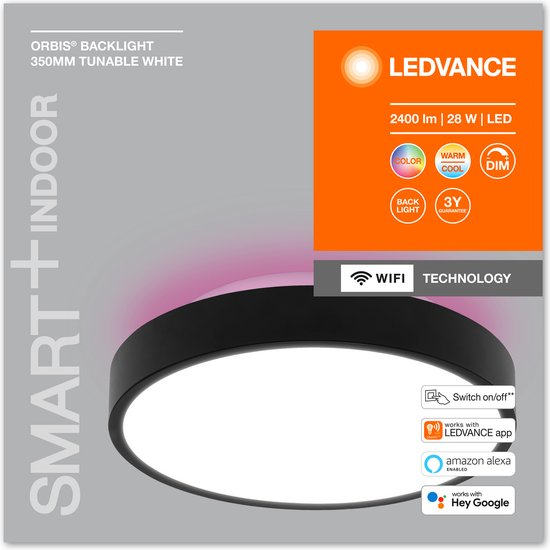 LEDVANCE Luminaire : pour plafond, LUMIÈRE DE PLAFOND DECORATIVE AVEC TECHNOLOGIE WIFI / 28 W, 22-...24- V, angle de rayonnement : 11-, RGBTW, 3-65- K, matériau du corps : métal, IP2-