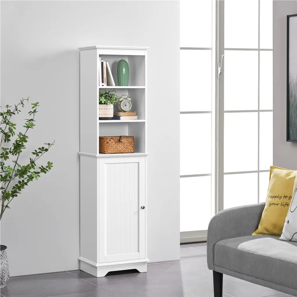 Armoire de salle de bains Yaheetech 40 x 30 x 153 cm - Blanche - Armoire de rangement haute avec 3 étagères ouvertes et une étagère réglable