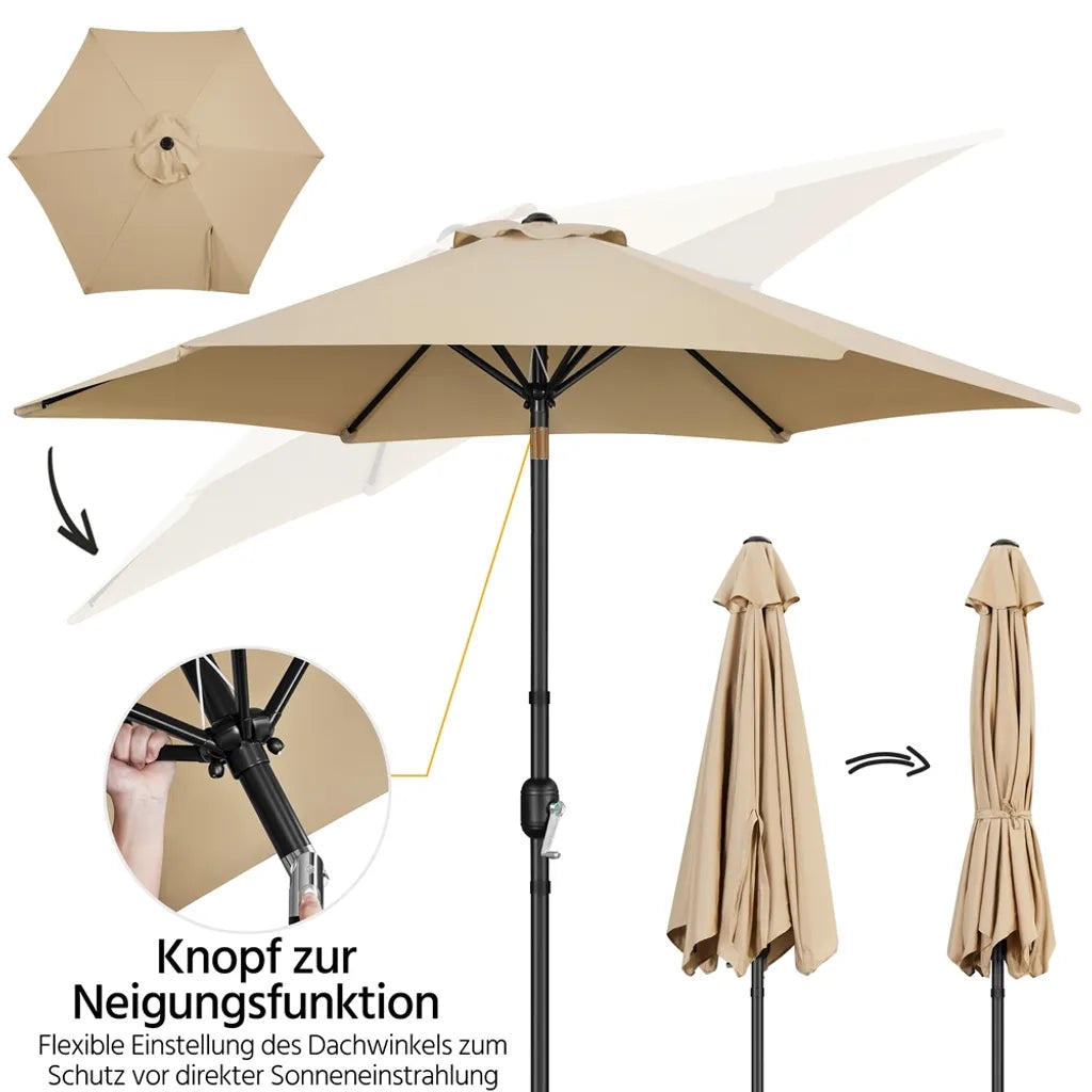 Parasol de jardin Yaheetech avec fonction d'inclinaison et contrepoids - Marron clair - Ø 269 x 241 cm
