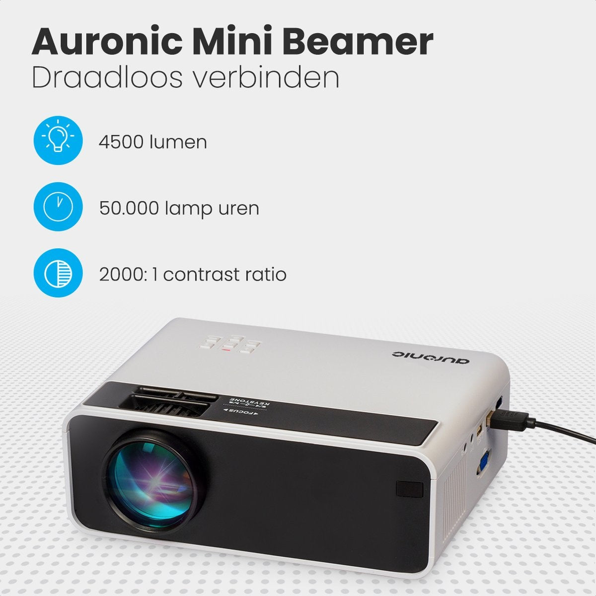 Auronic Mini Beamer - 4500 Lumens - WiFi - Projection 200" - Full HD - HDMI, télécommande et sac de transport - Blanc