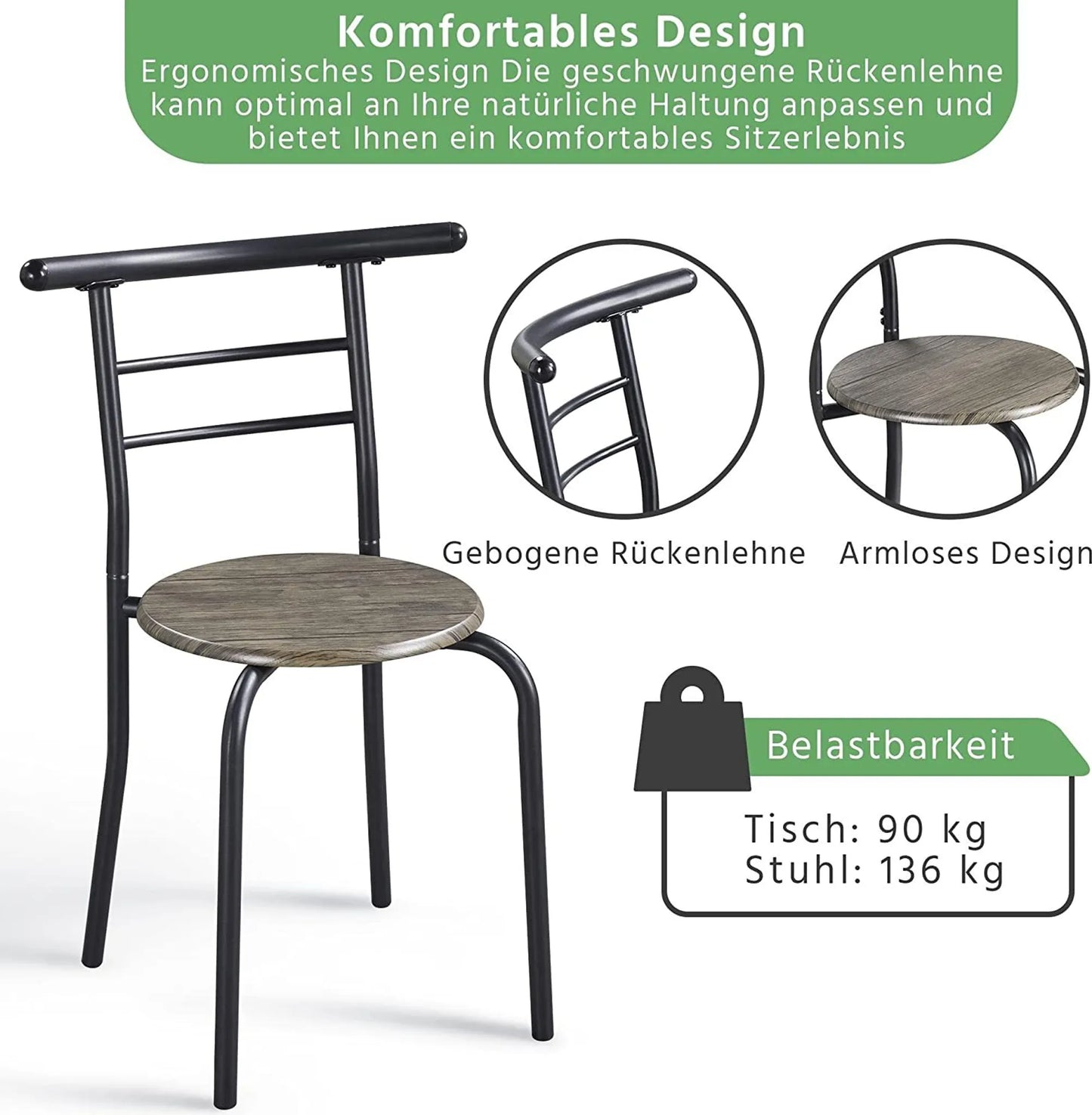 Yaheetech Dining Set Of 3 - Comprend une table avec 2 chaises, une étagère de rangement réglable et un revêtement hydrofuge - Pour la cuisine et la salle à manger - Driftwood Brown Metal and MDF - 80 x 53 x 73.5 cm