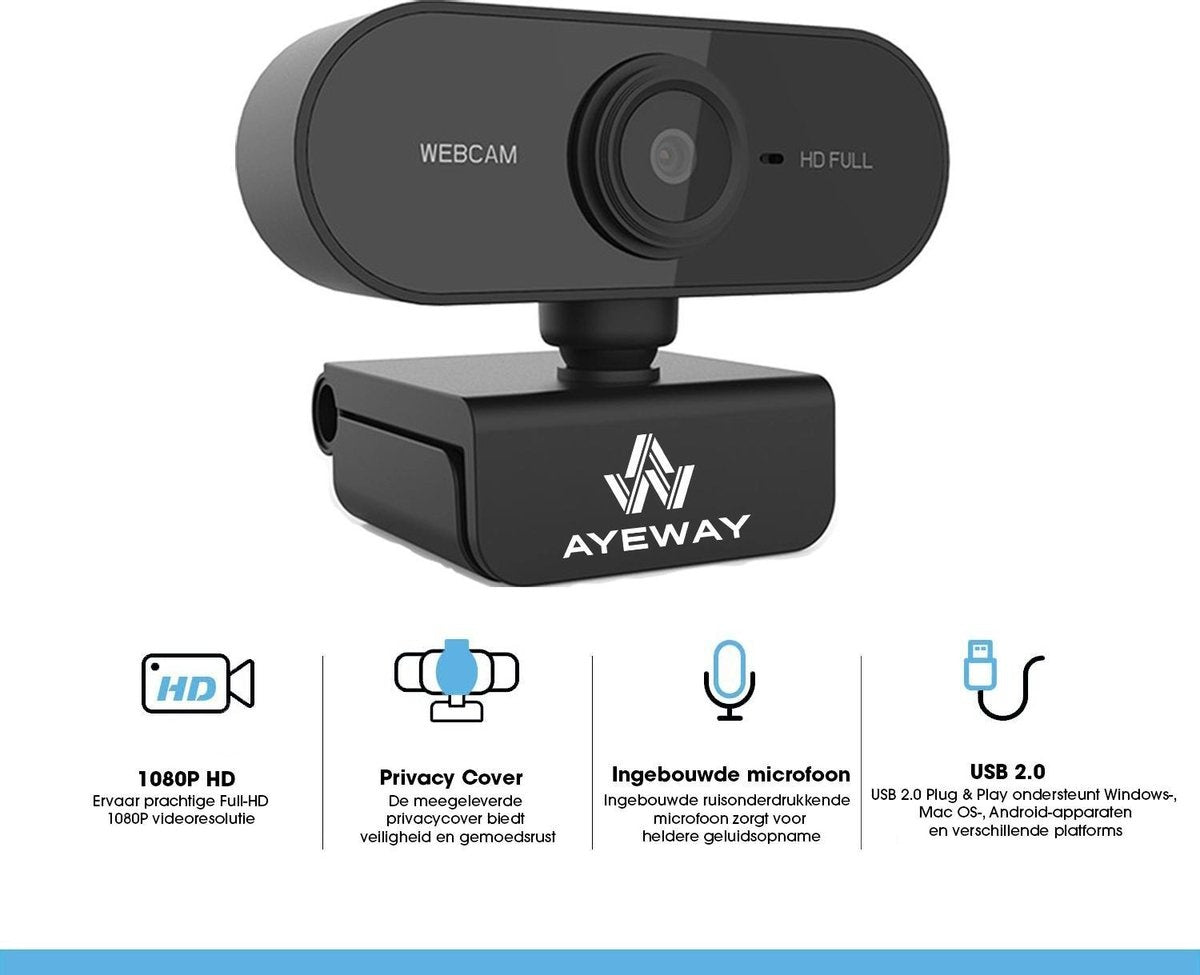 AyeWay Full HD Webcam - Incl. Privacy Cover - Webcam voor PC - Werk & Thuis - Windows & Mac