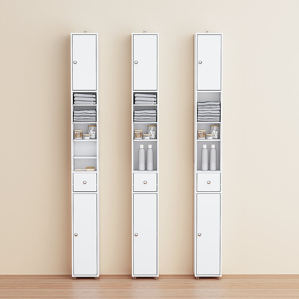 SoBuy Meuble de salle de bain haut et étroit - Meuble de rangement compact avec étagères et tiroir réglables - 20x20x180 cm - Blanc