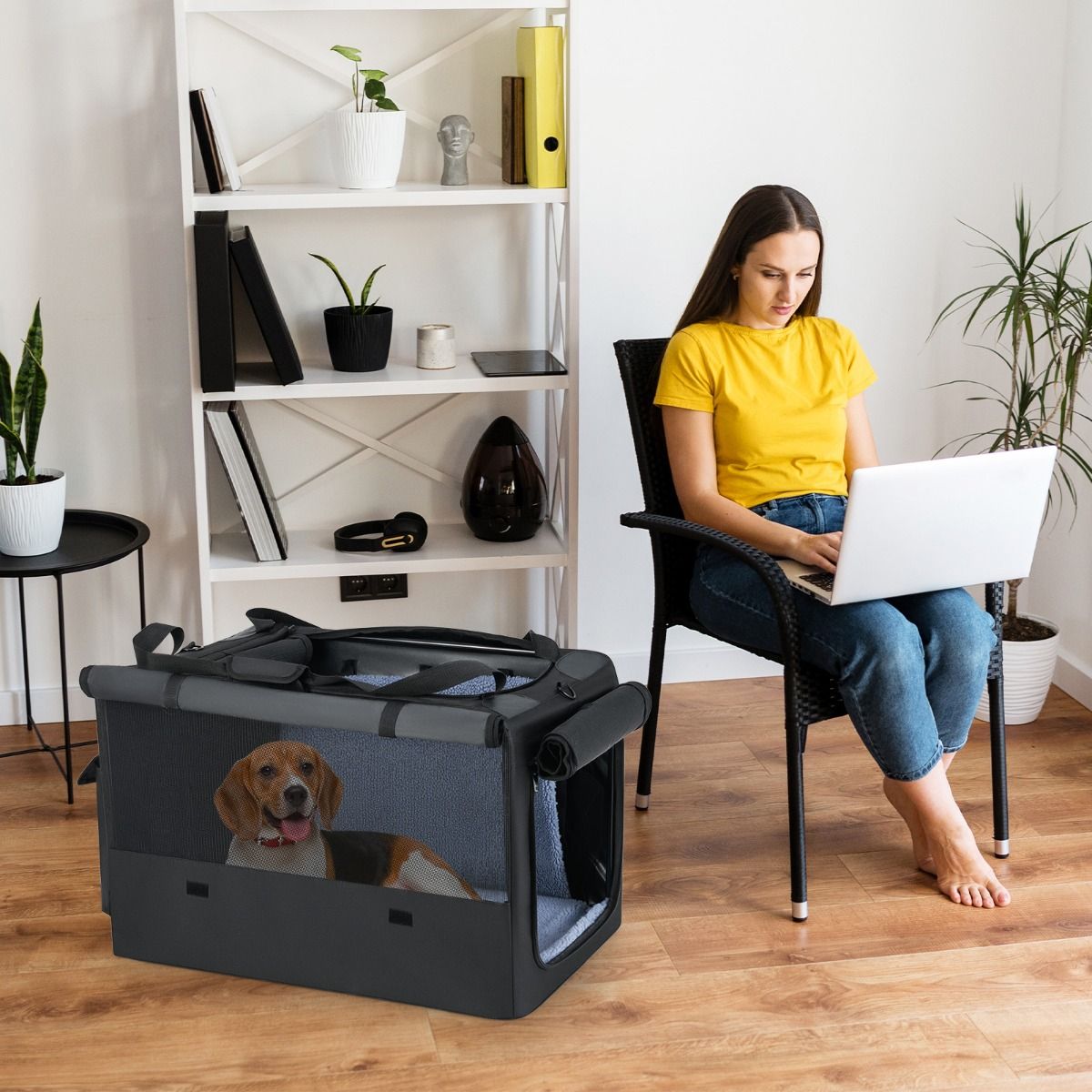 coast Sac de transport pliable pour chien - 90 x 72 x 48 cm - Noir/Gris - 2 ouvertures avec fenêtre en filet