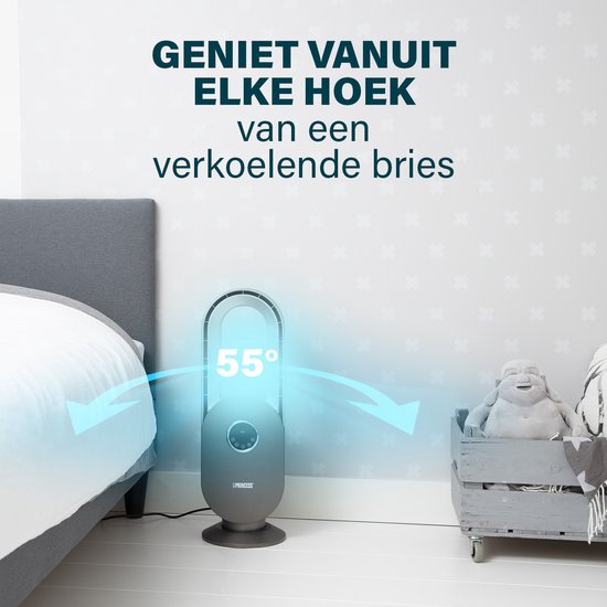 Ventilateur sans pales – 45 W – Oscillant – Minuterie 15 h – Écran LED – Télécommande – Silencieux et puissant – Princess 351500 – Blanc