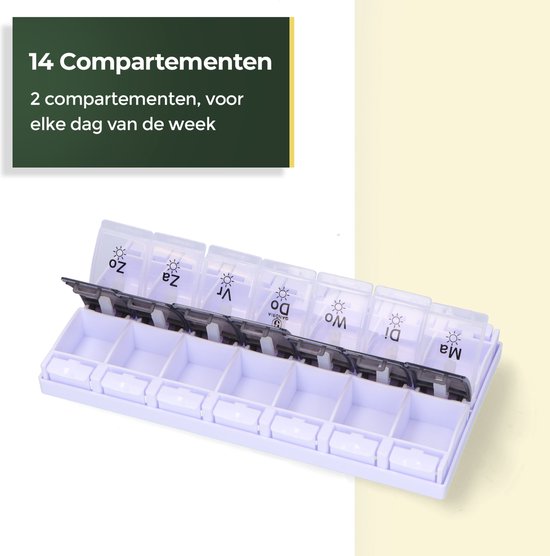 Boîte à pilules Gandria 7 jours - Boîte à pilules - Boîte à pilules avec 14 compartiments - Boîte à médicaments avec fermeture solide - Grands compartiments - Noir/Blanc