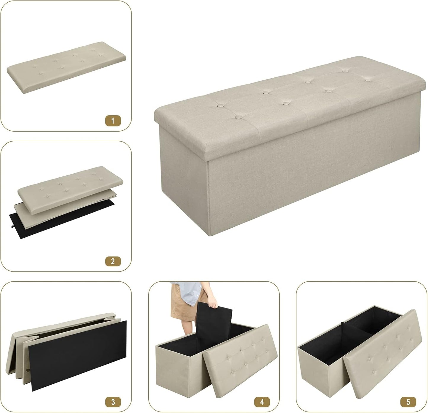 Banc de rangement pliable Woltu avec espace de rangement - 118 litres - 110 x 37,5 x 38 cm - Lin blanc crème - Capacité de charge maximale : 300 kg