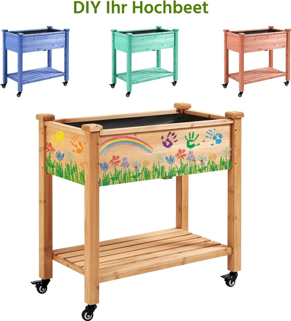 Yaheetech : bac à plantes surélevé à roulettes 87 x 47 x 83,5 cm - Marron clair - Bac de culture en bois avec étagère de rangement