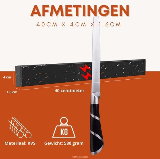 Bloc de couteaux aimanté 40 cm - KitchenMonster® - Porte-couteau magnétique avec bande adhésive (3M) et fixation par vis - Bande magnétique pour couteaux en acier inoxydable - noir