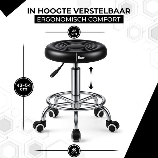 Bayt Tabouret selle - Chaise selle ronde - Tabouret de barbier - Tabouret selle à roulettes - Tabouret - Hauteur réglable - Noir