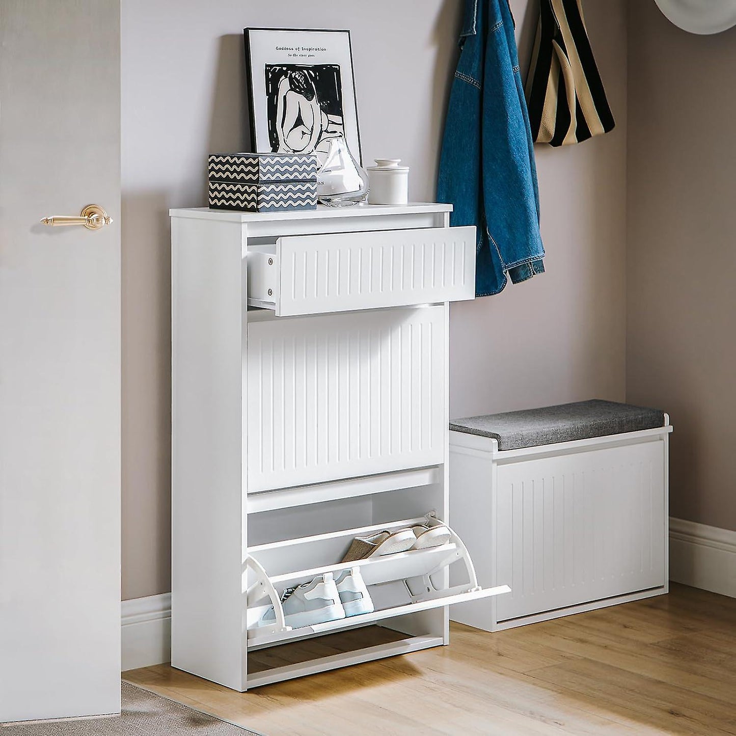 SoBuy Meuble de rangement pour chaussures - FSR165-W - 3 tiroirs - MDF - 61x26x100cm - Blanc100