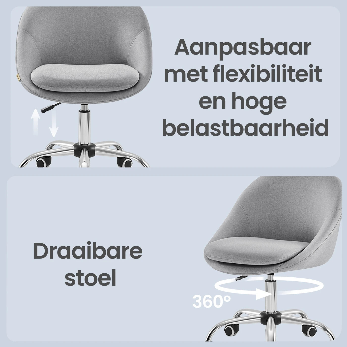 Chaise de bureau Ochama - Grise - Mélange coton-lin - Réglable en hauteur - Pivotante avec roulettes - 60 x 60 x 80-90 cm