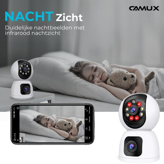 Caméra de sécurité - Camux - Double objectif - Communication audio - Vision nocturne - Blanc