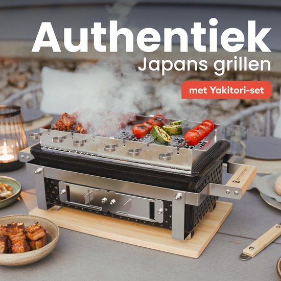 KitchenBrothers Kamado Hibachi Grill - Sans PFAS - Avec grille et bâtons - Barbecue au charbon de bois - Grill de table Shichirin - Barbecue rectangulaire - Barbecue en céramique - Noir