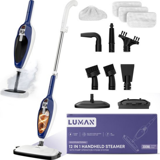 Aspirateur Vapeur 12 en 1 – LUMAN - Nettoyeur vapeur et défroisseur à main – Détachant – 10 embouts et 3 chiffons– Bleu