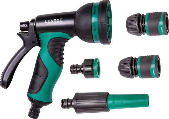 Ensemble de pistolets et de buses VONROC - 8 modèles de pulvérisation et débit d'eau réglable - Raccords inclus