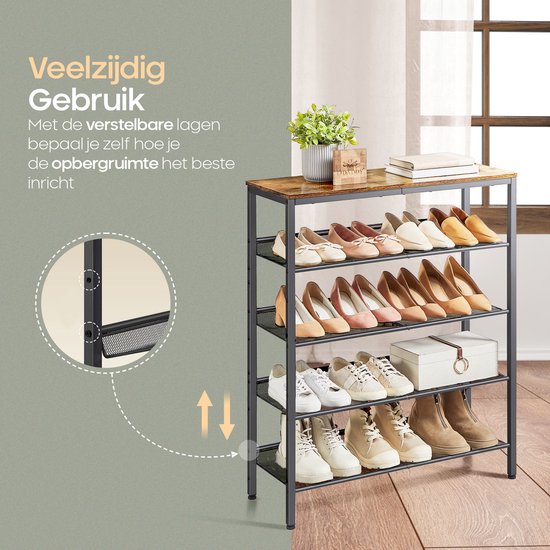 O'DADDY® Shoe Rack - 5 Layer - Shoe Storage System - Shoe Rack - Shoe Cabinet - Shoe Cabinet - Industrial Design - Brown Wood - Black Metal