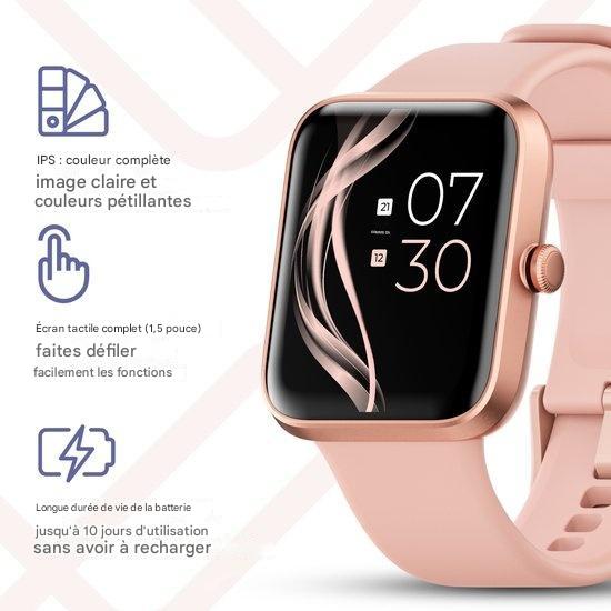 Montre Connectée - Lunis - Écran Tactile - Compatible avec Apple & Android, pour Femme et Homme - Or Rose / Rose
