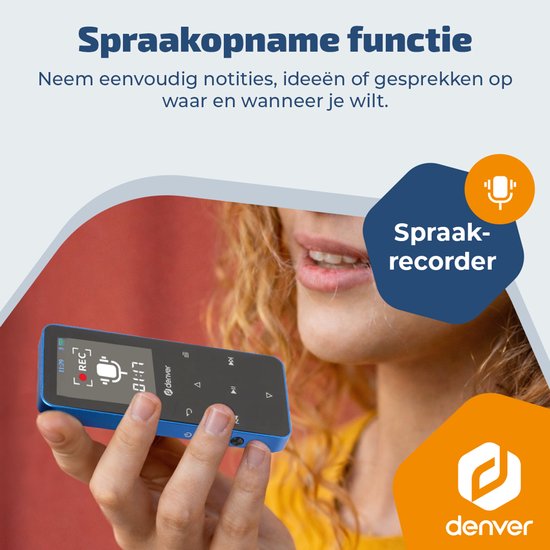 Lecteur MP3/MP4 Denver - Bluetooth - Lecture aléatoire/Répétition - Carte SD jusqu'à 128 Go - Écouteurs inclus - Dictaphone - MP1830BU - Bleu