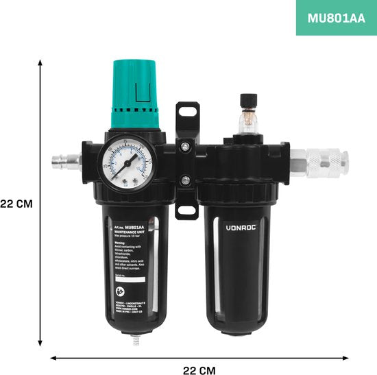 VONROC Air care unit - Déshumidificateur d'air comprimé, régulateur de pression et pulvérisateur d'huile - entretien et maintenance d'outils pneumatiques - 100-300 l/min - 0-10 bar - Raccord universel EU-RO/DIN 7.2mm