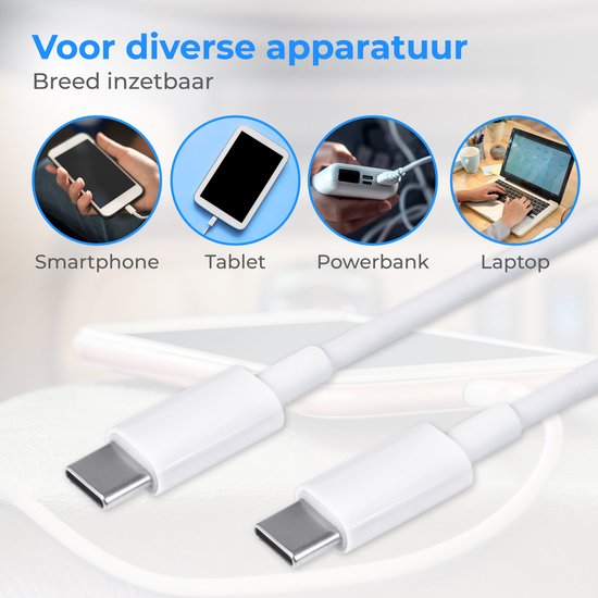 Câble USB-C Nuvance - 100 W - USB-C vers USB-C - 3 mètres - Câbles USB-C - Chargeur rapide - Transfert de données à 480 Mb/ps - Chargeur USB-C - Blanc