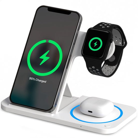 Strex 3-in-1 Wireless Charger - Station de charge - Chargement rapide 15W - Pliable - Convient pour iOS & Android, Apple Watch, AirPods et écouteurs sans fil - Blanc