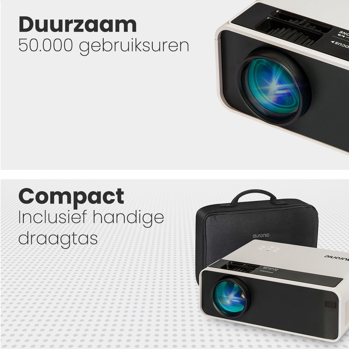 Auronic Mini Beamer - 4500 Lumens - WiFi - Projection 200" - Full HD - HDMI, télécommande et sac de transport - Blanc