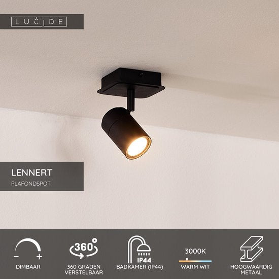Lucide LENNERT - Spot de plafond (lampe de plafond) pour salle de bains - LED à intensité variable - GU10 - 1x5 W 3000 K - IP44 - Noir